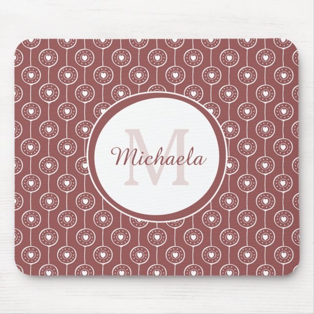 Stylish Reddish Brown Hearts Monogram With Name Mouse Pad (Front)