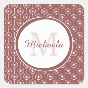 Stylish Reddish Brown Hearts Monogram With Name Square Sticker