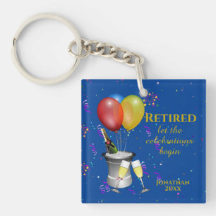 Stylish Retirement Champagne Celebration Blue Keychain