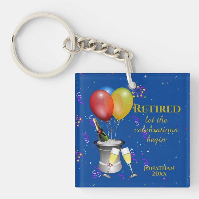 Stylish Retirement Sparkling Wine Celebration Blue Keychain (Front)