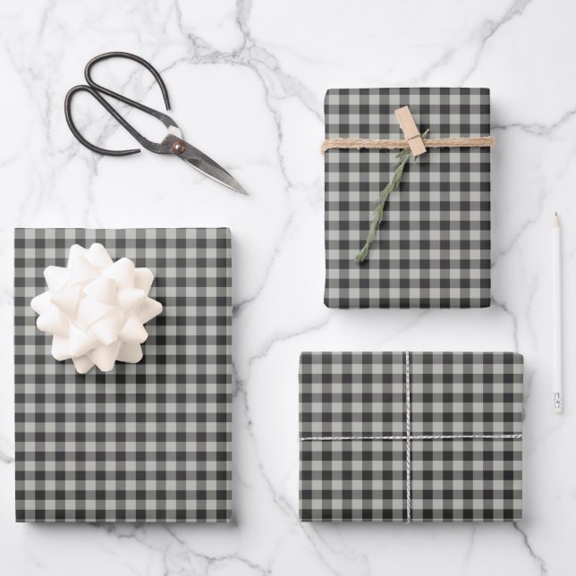 Stylish Retro Black and Grey Gingham Plaid Pattern Wrapping Paper Sheet (Front)
