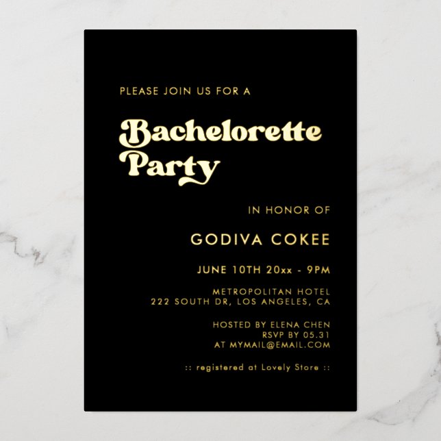 Stylish retro black & gold Bachelorette Party (Front)