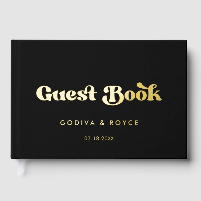 Stylish retro black & gold wedding guest book (Front)