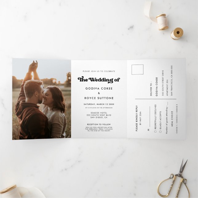Stylish retro black & white all-in-one wedding Tri-Fold invitation (Inside)