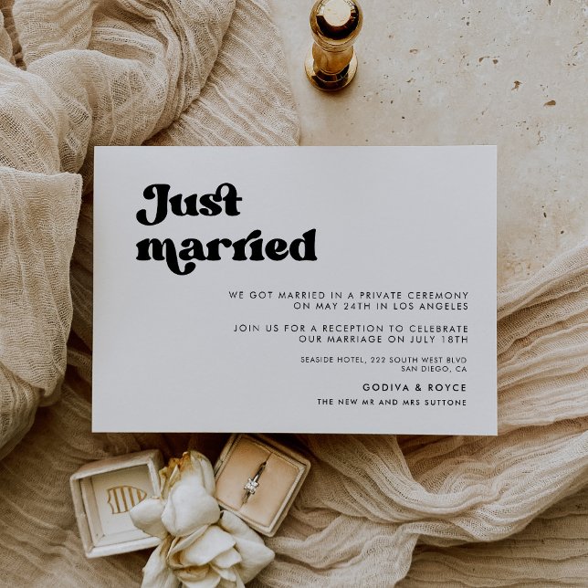 Stylish retro black & white Just married card (Creator Uploaded)