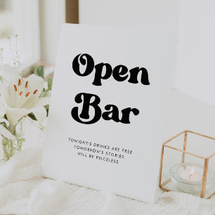 Stylish retro black & white wedding Open Bar Pedestal Sign