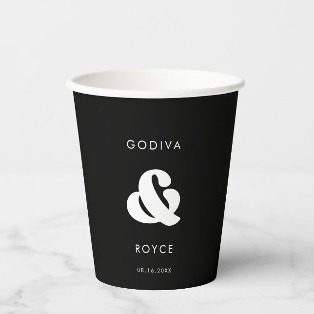 Stylish retro black & white wedding paper cups (Front)