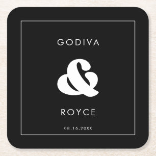 Stylish retro black & white wedding square paper coaster