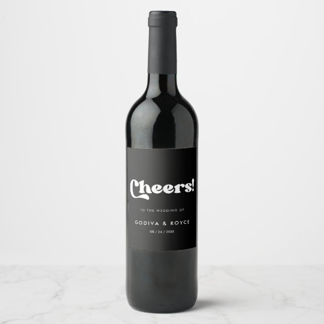 Stylish retro black & white wedding wine label (Front)