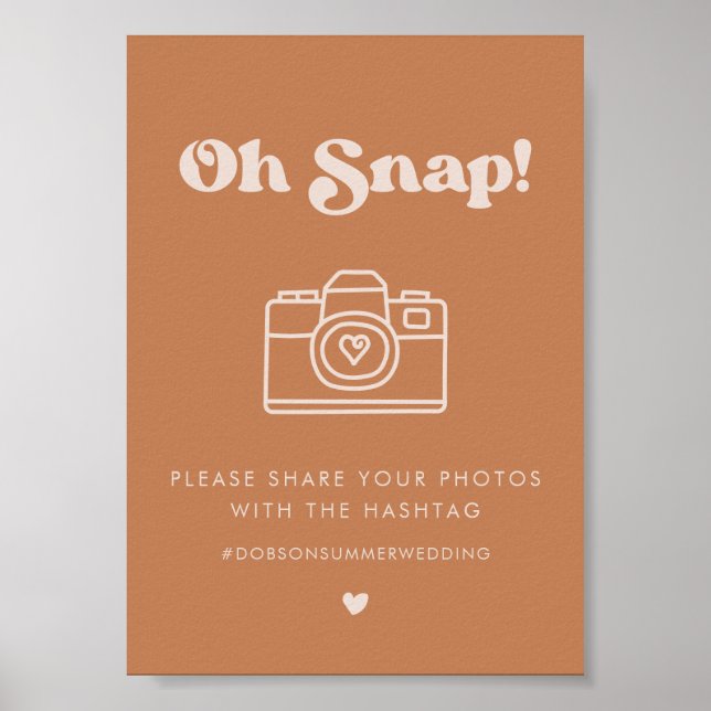 Stylish retro Brown Oh Snap Wedding hashtag sign (Front)