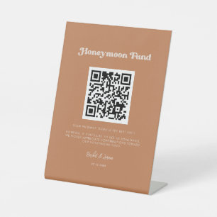 Stylish retro Brown sugar Honeymoon fund QR code Pedestal Sign
