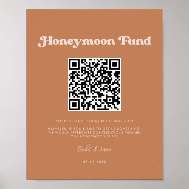 Stylish retro Brown sugar Honeymoon fund QR code Poster (Front)
