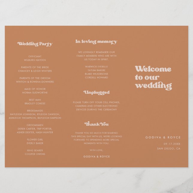 Stylish retro Brown sugar Trifold Wedding Program (Back)