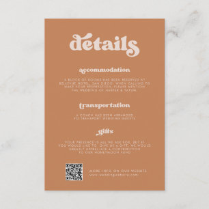 Stylish retro Brown sugar Wedding Details QR code Enclosure Card