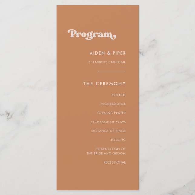 Stylish retro brown sugar wedding program (Front)