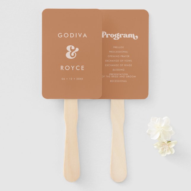 Stylish retro brown sugar wedding program hand fan (Front and Back)