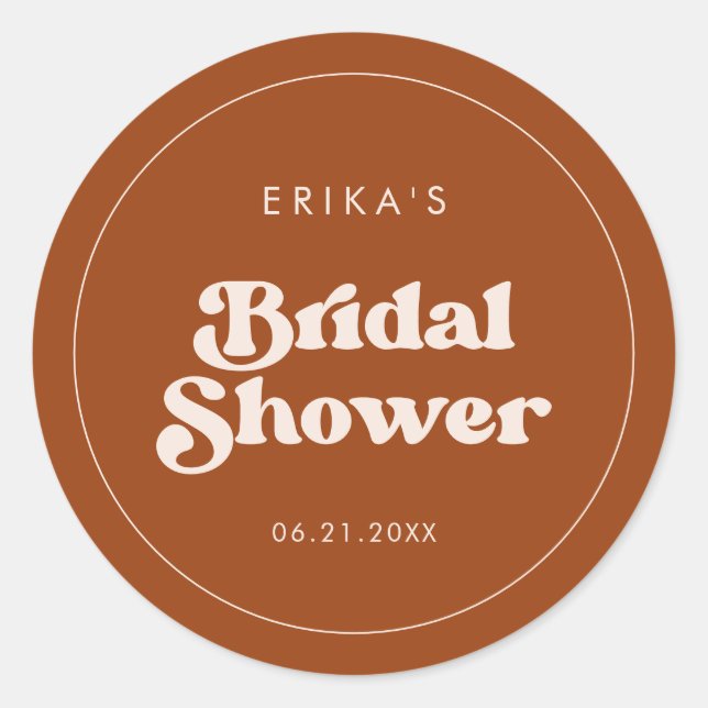 Stylish retro Burnt Orange Bridal Shower Classic Round Sticker (Front)