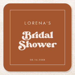 Stylish retro Burnt Orange Bridal Shower Square Paper Coaster