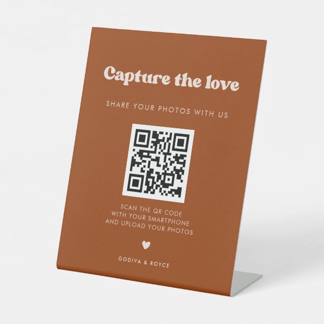 Stylish retro Burnt Orange Capture the love Pedestal Sign (Front)