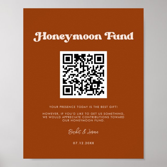 Stylish retro Burnt Orange Honeymoon fund QR code Poster (Front)