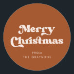 Stylish Retro Burnt Orange Merry Christmas Classic Round Sticker<br><div class="desc">Retro Merry Christmas Burnt Orange stickers. A retro chic theme: adopt this slightly vintage and stylish typographic design for your Christmas  stationery.</div>