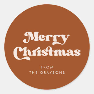 Stylish Retro Burnt Orange Merry Christmas Classic Round Sticker