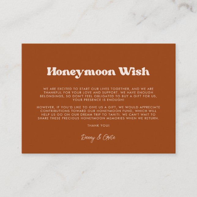 Stylish retro Burnt Orange Wedding Honeymoon wish Enclosure Card (Front)