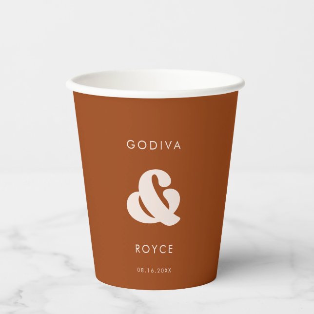 Stylish retro Burnt Orange Wedding Paper Cups (Front)