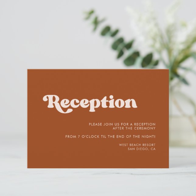 Stylish retro burnt orange wedding reception invitation (Standing Front)