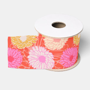 Stylish Retro Dahlia Floral Pattern Red Pink Grosgrain Ribbon