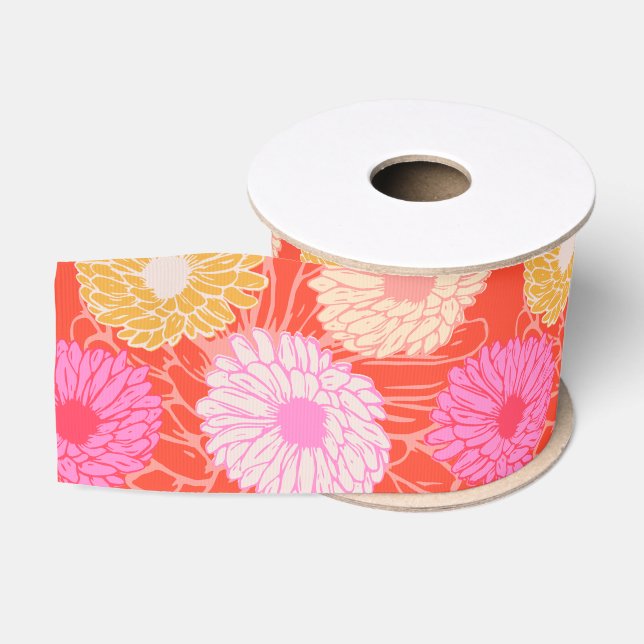 Stylish Retro Dahlia Floral Pattern Red Pink Grosgrain Ribbon (Spool)