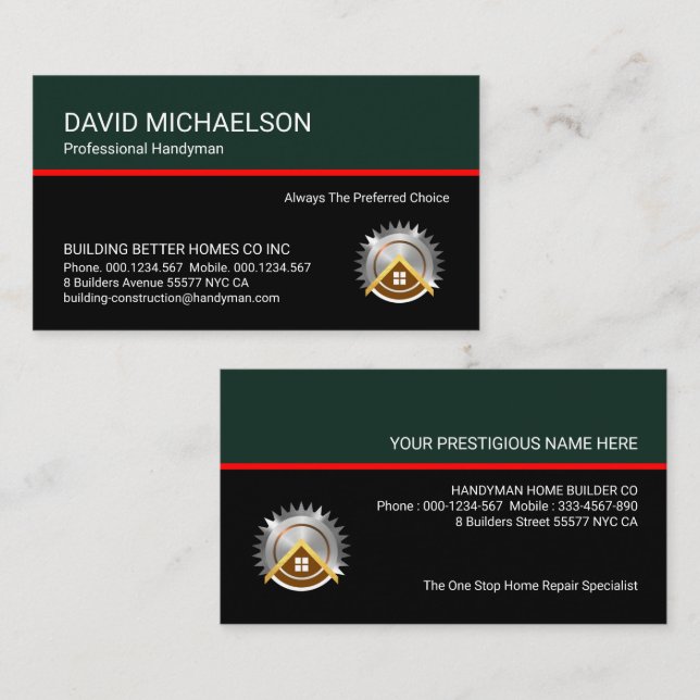 Stylish Retro Green Black Handyman Layers Business Card (Front/Back)