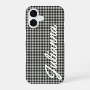 Stylish Retro Grey Gingham Plaid Personalized iPhone 16 Case