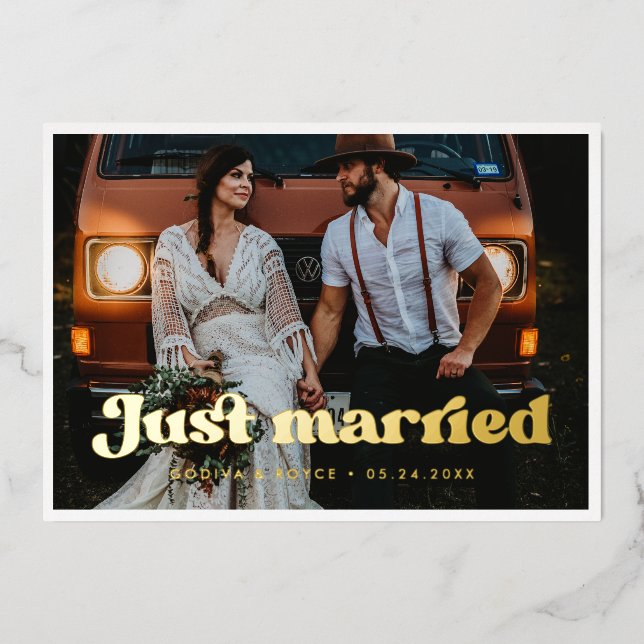 Stylish retro Just married gold foil photo card  (Front)