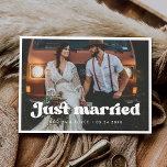 Stylish retro Just married photo card<br><div class="desc">A retro chic theme: adopt this slightly vintage and stylish typographic design for your wedding stationery,  with a classic black and white theme. Fully customizable text,  colours and backgrounds.</div>
