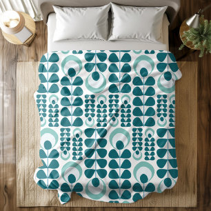 Stylish Retro Mid Century Teal Flowers Pattern Fleece Blanket