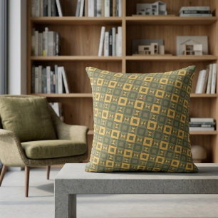 Stylish Retro Olive Green Gold Geometric Pattern Throw Pillow