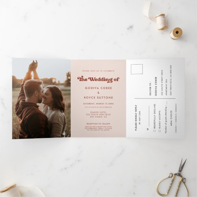 Stylish retro peach pink all-in-one wedding photo Tri-Fold invitation (Inside)