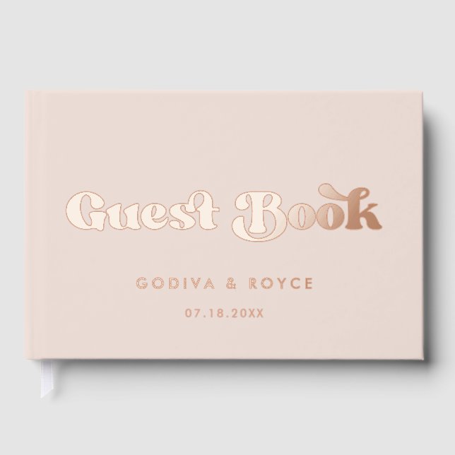 Stylish Retro Peach Pink Rose Gold foil Wedding Guest Book (Front)