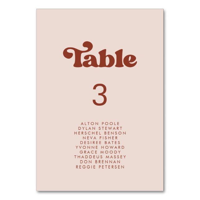 Stylish retro peach pink seating chart cards (Front)