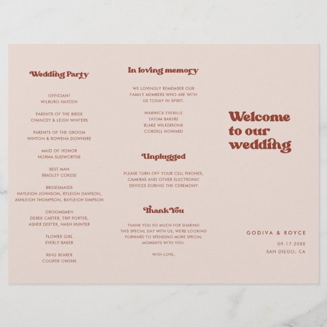 Stylish retro Peach Pink Trifold Wedding Program (Back)
