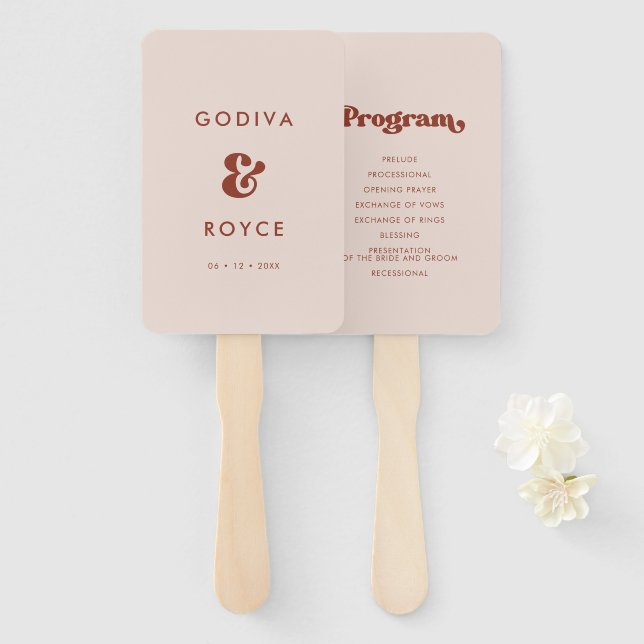Stylish retro peach pink wedding program hand fan (Front and Back)