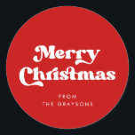 Stylish Retro Red Merry Christmas Classic Round Sticker<br><div class="desc">Retro Merry Christmas Red stickers. A retro chic theme: adopt this slightly vintage and stylish typographic design for your Christmas  stationery.</div>