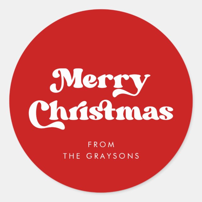 Stylish Retro Red Merry Christmas Classic Round Sticker (Front)