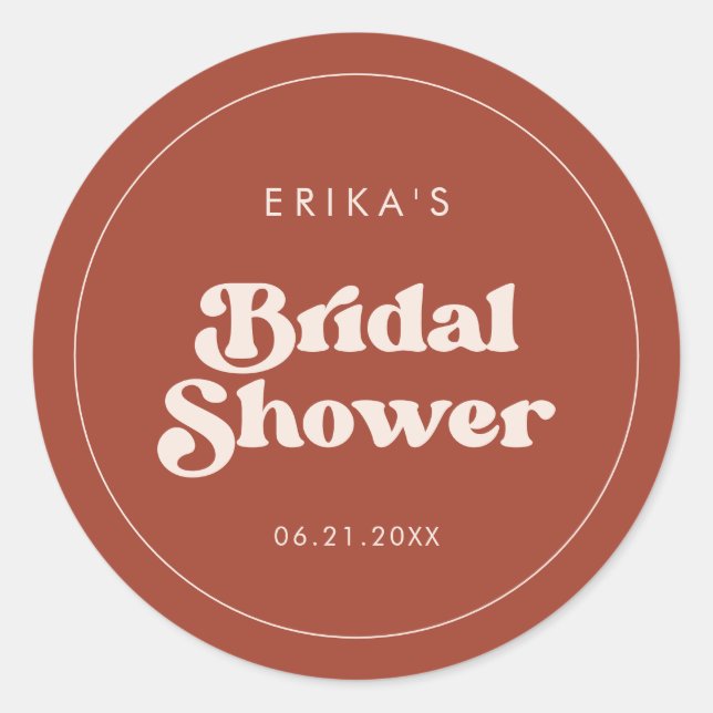 Stylish retro Terracotta Bridal Shower Classic Round Sticker (Front)