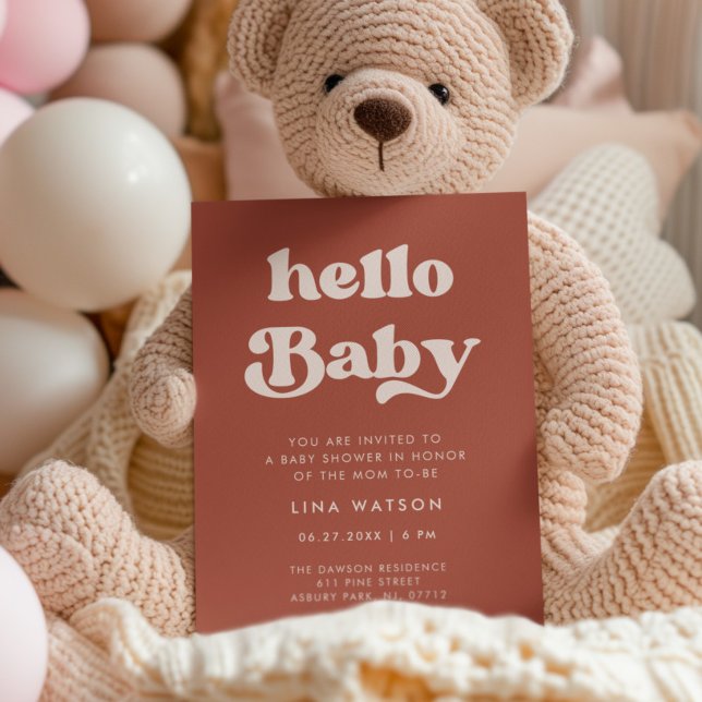 Stylish retro Terracotta Hello Baby Invitation (Creator Uploaded)