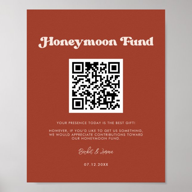 Stylish retro Terracotta Honeymoon fund QR code Poster (Front)