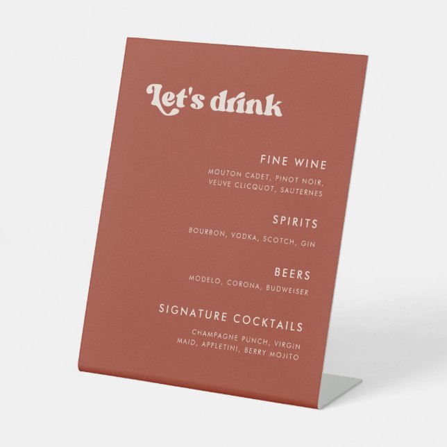 Stylish retro Terracotta Wedding Bar menu Pedestal Sign (Front)