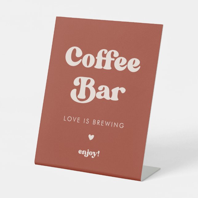 Stylish retro Terracotta Wedding Coffee Bar Pedestal Sign (Front)