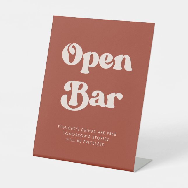 Stylish retro Terracotta Wedding Open Bar Pedestal Sign (Front)